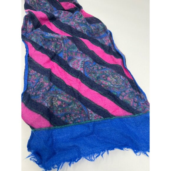 Fringe Trim Rectangle Wool Shawl Scarf 51 Inches Blue Pink Striped Boho Wrap Lig - Picture 2 of 4